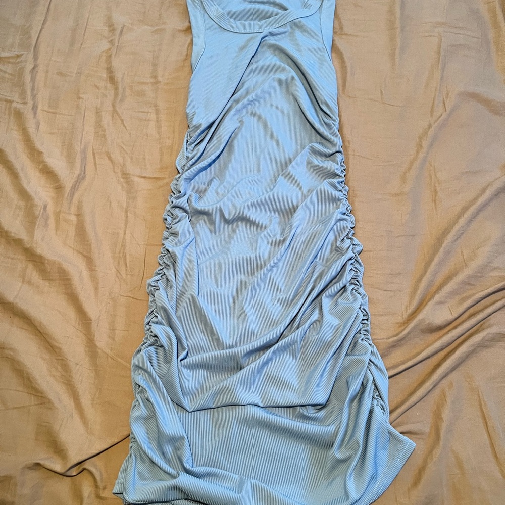 Blue Ruched Bodycon Midi Dress